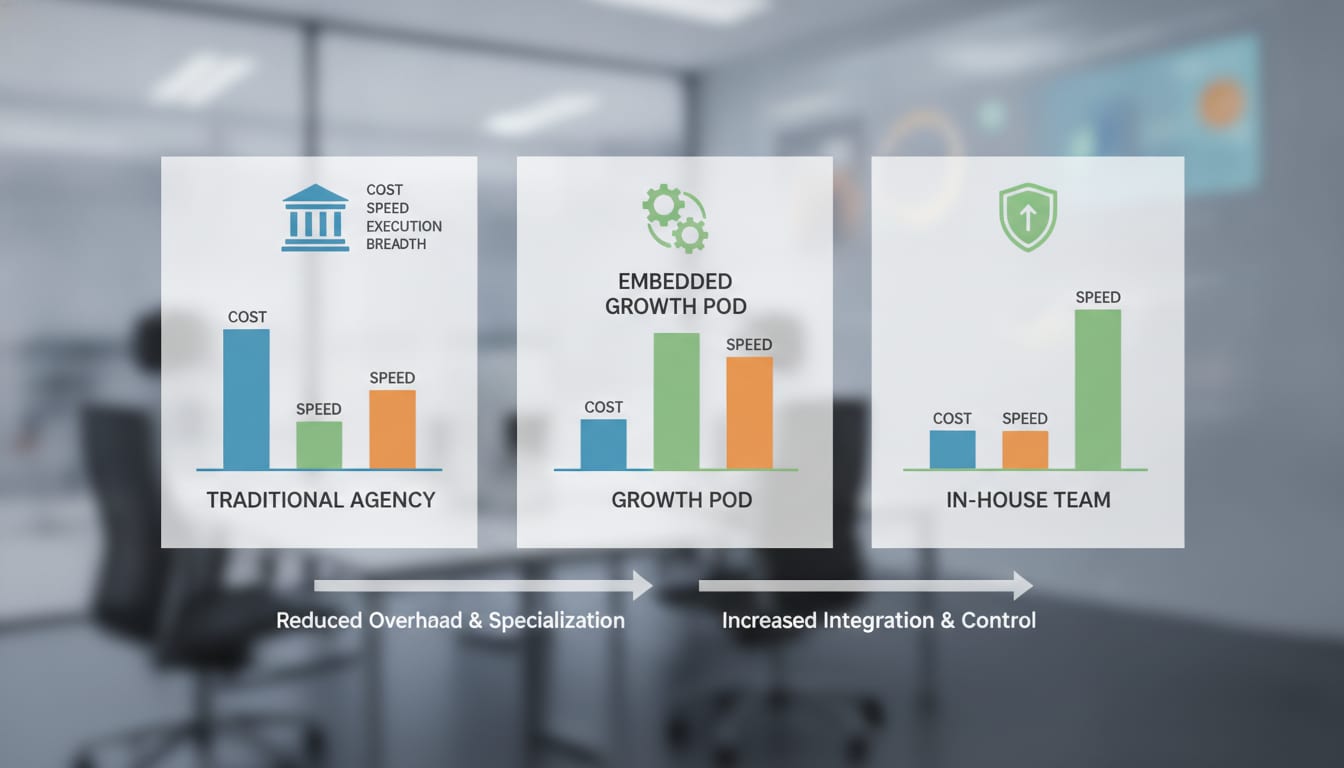 Comparison diagram showing three growth team models — traditional agency, embedded growth pod, and in-house team — mapped against cost, speed, and execution breadth