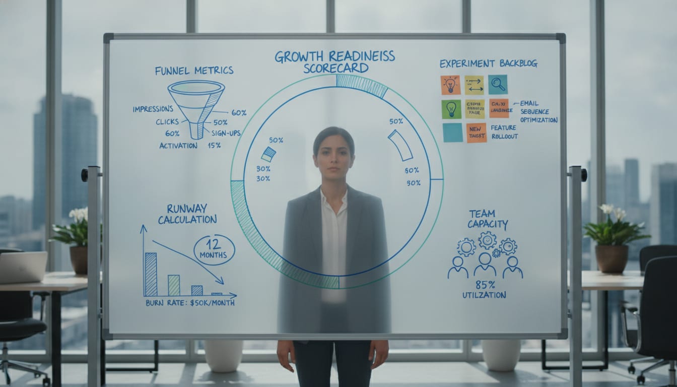 Founder reviewing a growth readiness scorecard on a whiteboard with funnel metrics, experiment backlog, and runway calculations