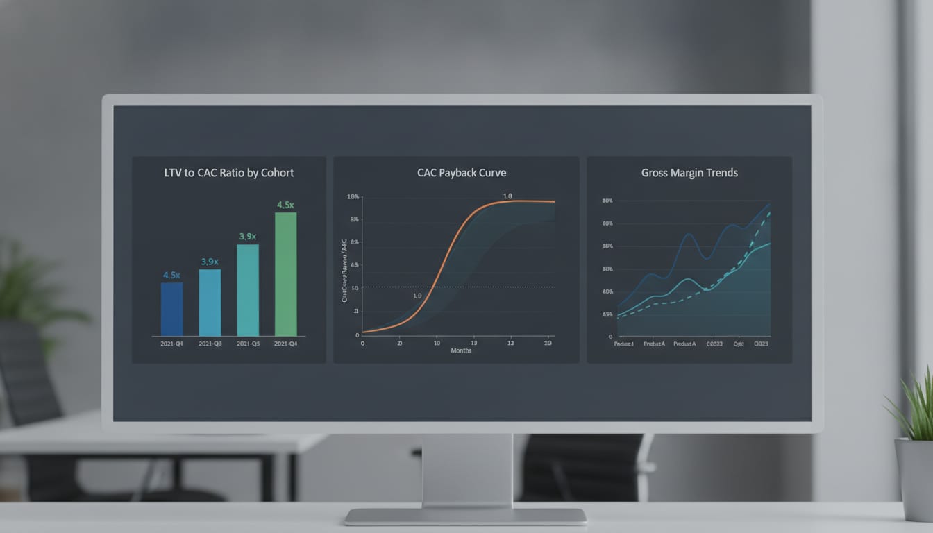 Dashboard visualization showing SaaS unit economics metrics including CAC payback curve, LTV to CAC ratio by cohort, and gross margin trends