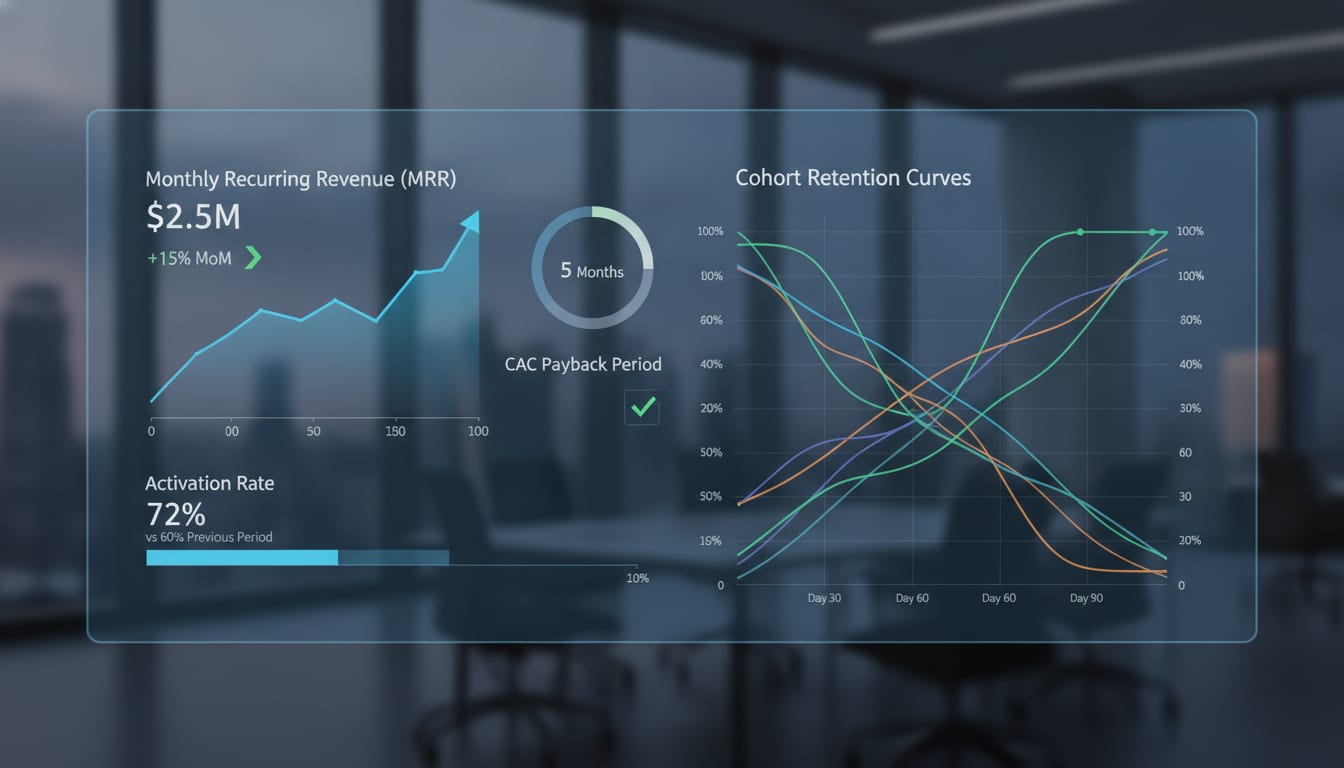 Dashboard showing startup growth metrics including MRR, CAC payback period, activation rate, and cohort retention curves