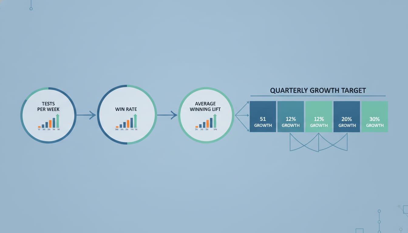 Diagram of an experiment velocity model showing tests per week, win rate, and average winning lift compounding into a quarterly growth target