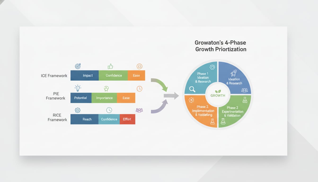 Comparison diagram of ICE, PIE, and RICE experiment scoring frameworks alongside Growaton's four-phase growth prioritization model