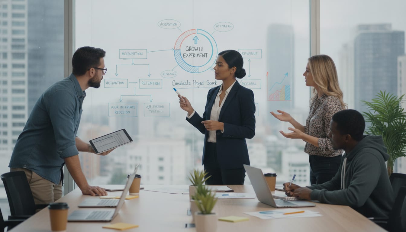 Hiring manager reviewing a candidate's take-home work trial on a whiteboard with a small growth team