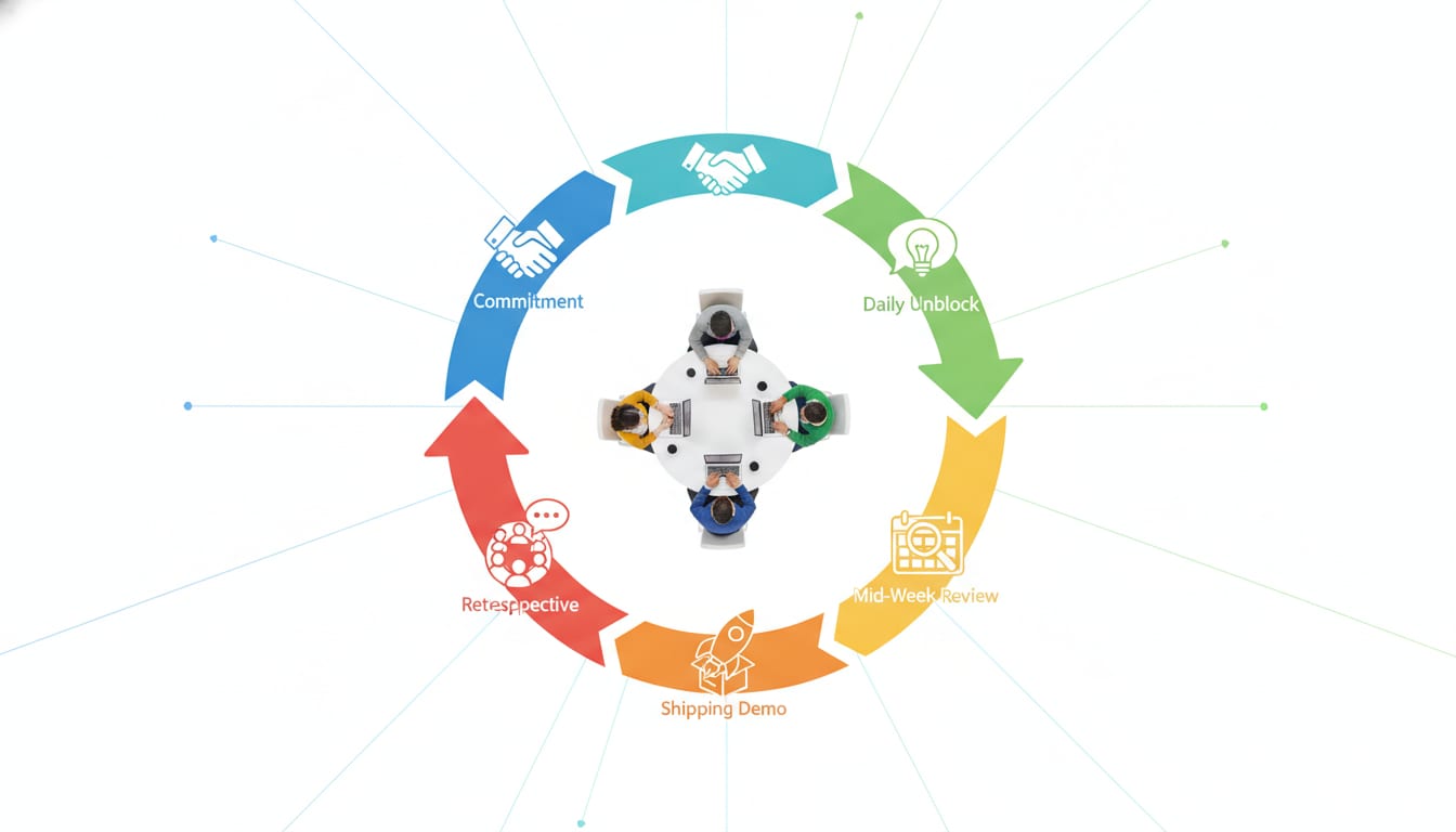 Diagram of a weekly ownership operating system loop showing commitment, daily unblock, mid-week review, shipping demo, and retrospective rituals connected in a cycle around a small startup team