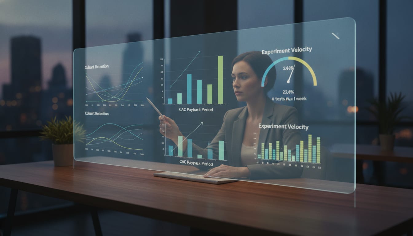 Founder reviewing a growth dashboard with cohort retention curves, CAC payback charts, and experiment velocity metrics on screen