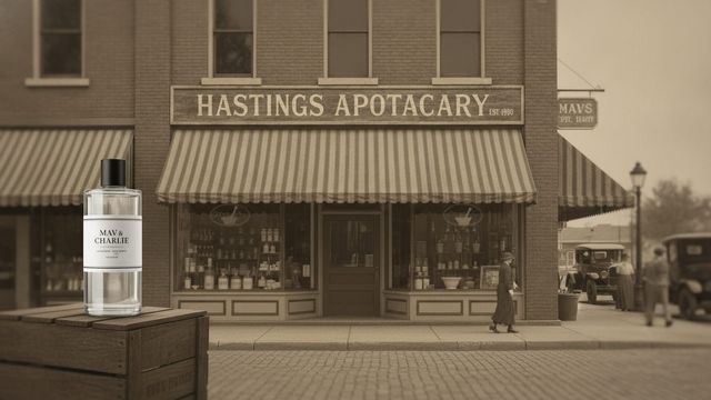 Vintage-style photo of a small pharmacy storefront in Hastings, Nebraska with a modern Mav & Charlie shampoo bottle beside it