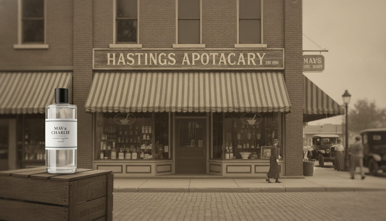 Vintage-style photo of a small pharmacy storefront in Hastings, Nebraska with a modern Mav & Charlie shampoo bottle beside it