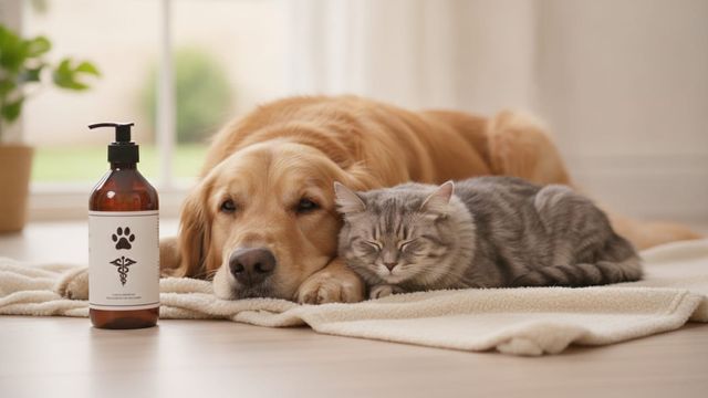 Bottle of medicated pet shampoo beside a calm dog and cat sitting together