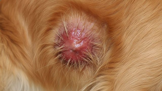 Close-up of a golden retriever's flank with a red, moist hot spot lesion and matted surrounding fur.