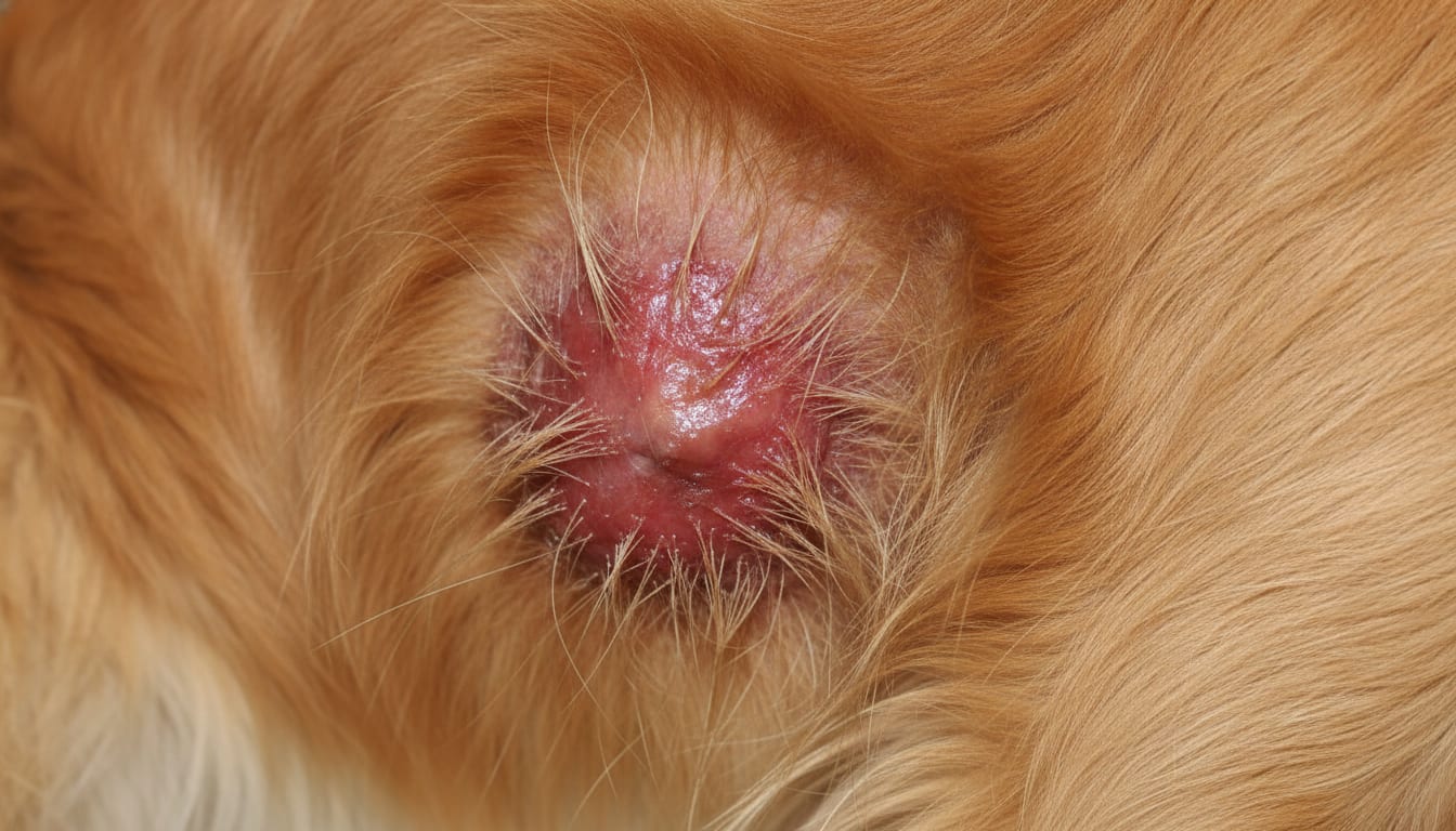 Close-up of a golden retriever's flank with a red, moist hot spot lesion and matted surrounding fur.