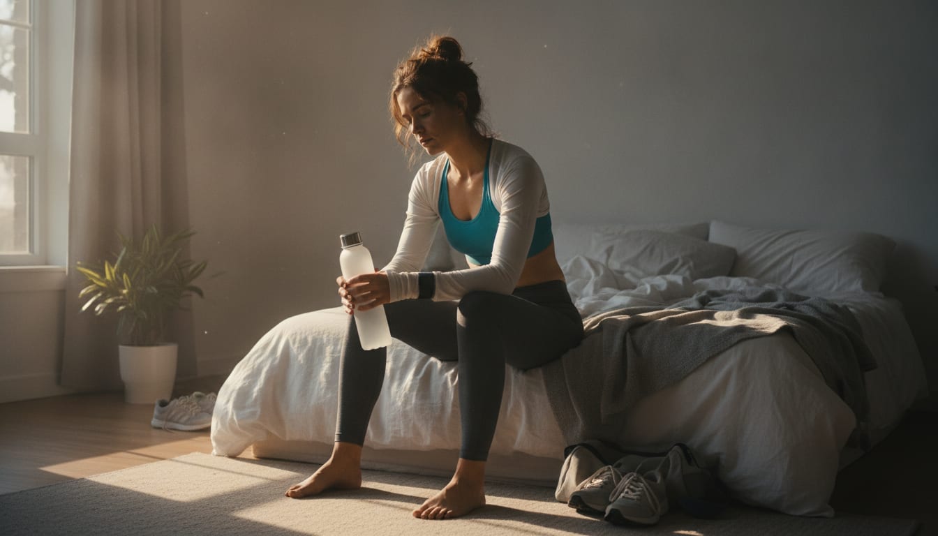 A person in workout clothes sitting on the edge of a bed in morning light, holding a water bottle and looking tired before starting the day