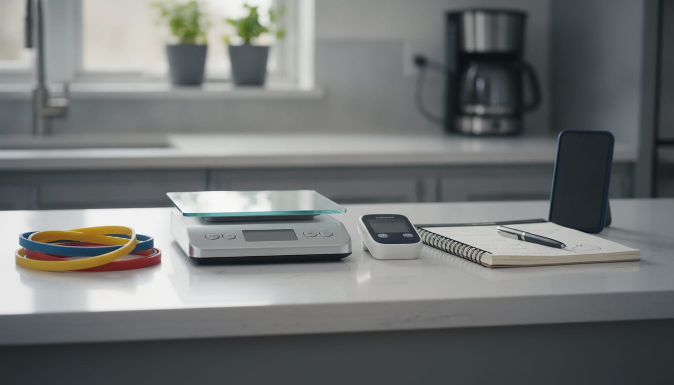 A weekday kitchen counter with a protein-forward lunch, a water bottle, walking shoes by the door, and a notebook for tracking daily habits