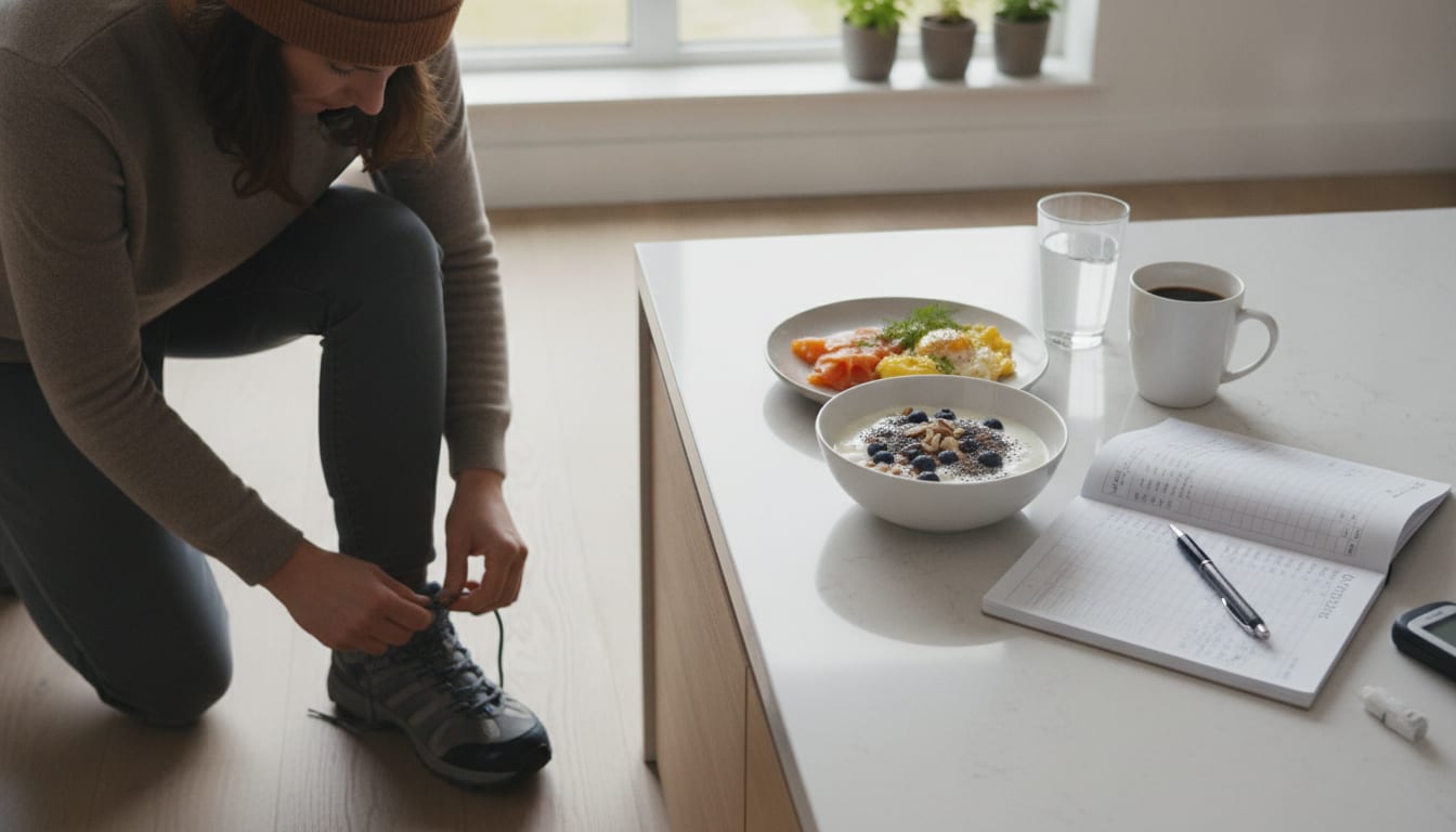 A person lacing up walking shoes beside a kitchen counter with a protein-forward breakfast and a glucose log notebook