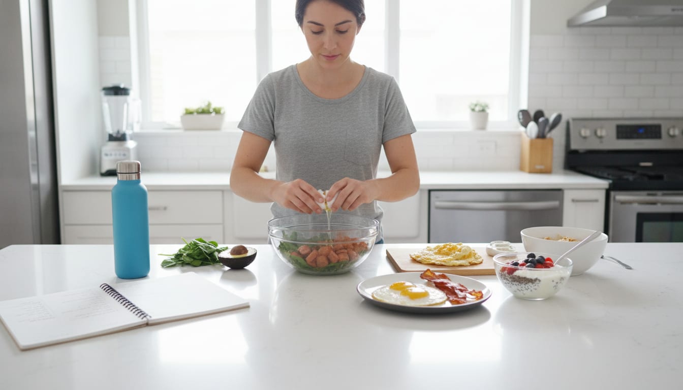 A person preparing a high-protein meal in a bright kitchen
