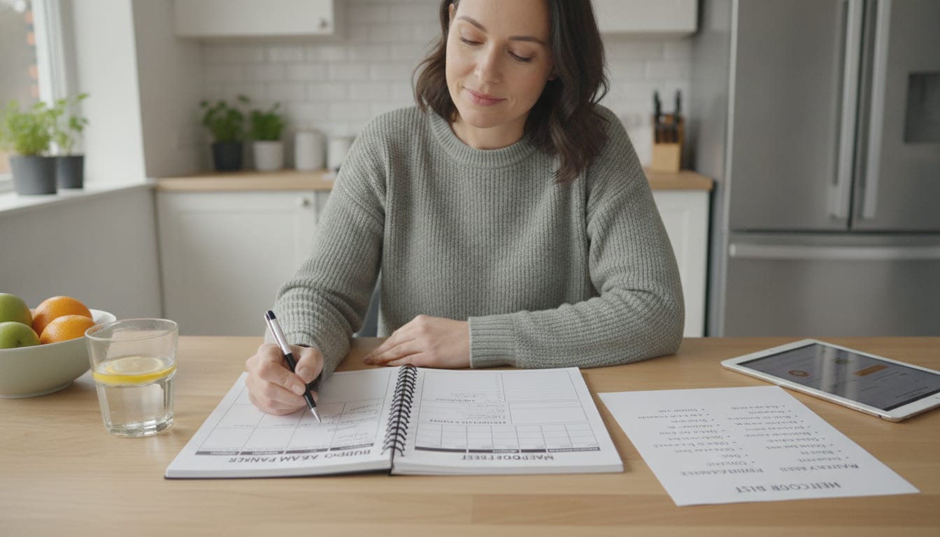 A person reviewing a monthly budget spreadsheet alongside a meal-prepped kitchen counter
