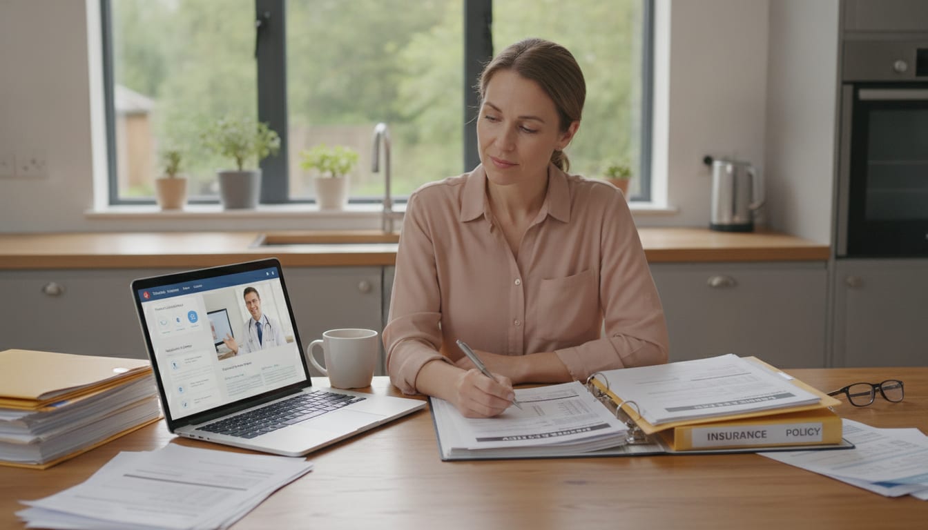 A person reviewing insurance paperwork at a kitchen table with a laptop showing a telehealth portal
