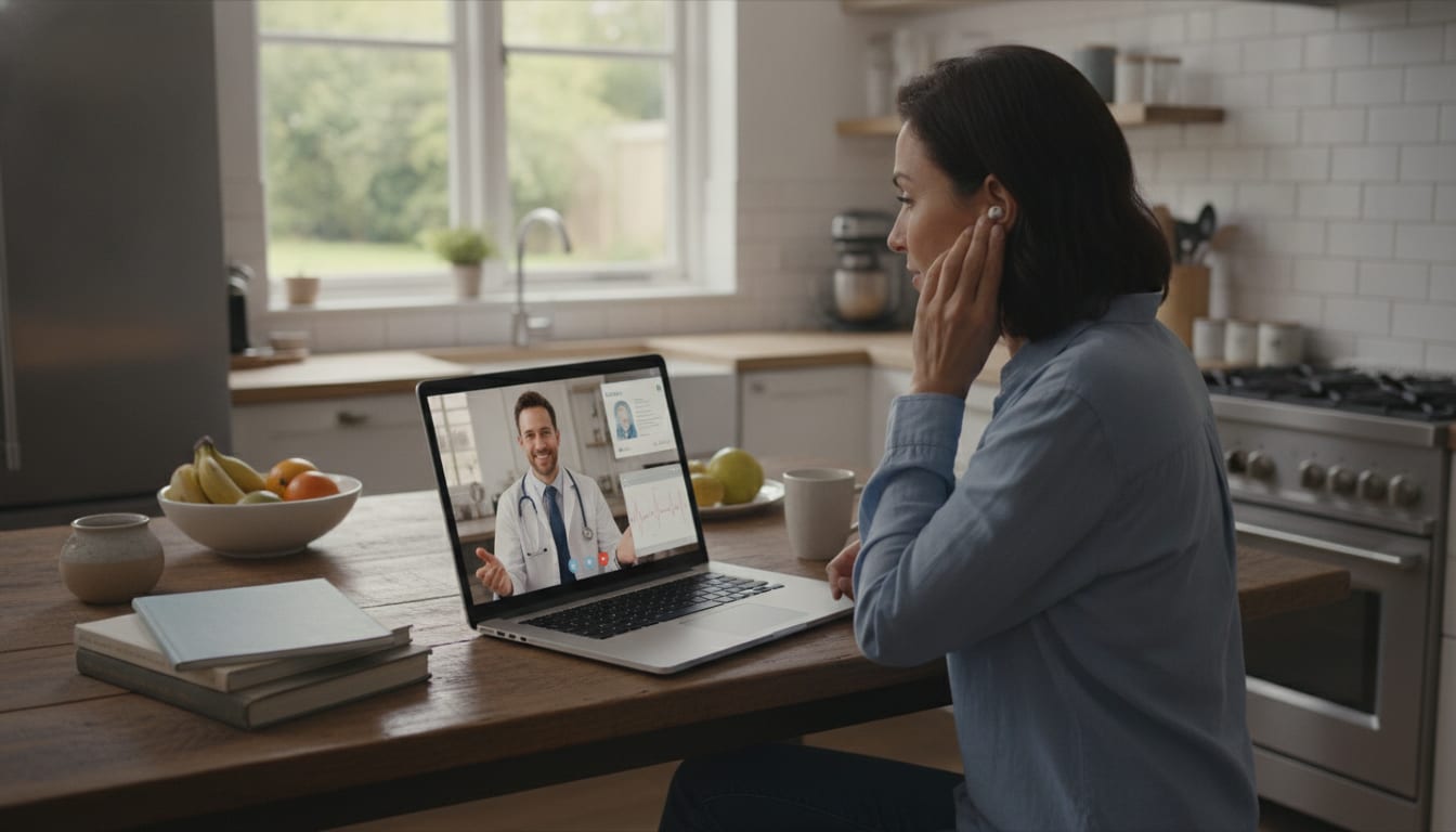 A person on a laptop having a virtual telehealth consultation from their kitchen