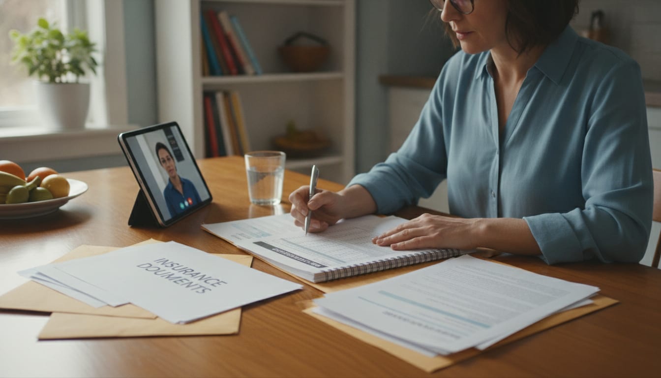 A person reviewing insurance paperwork and a blood glucose log at a kitchen table before a telehealth appointment