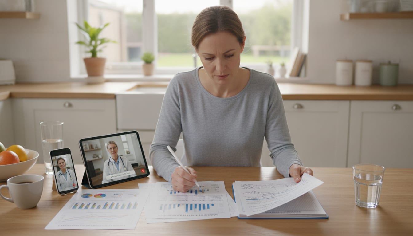 Person reviewing recent lab results and a glucose log at a kitchen table before a telehealth appointment
