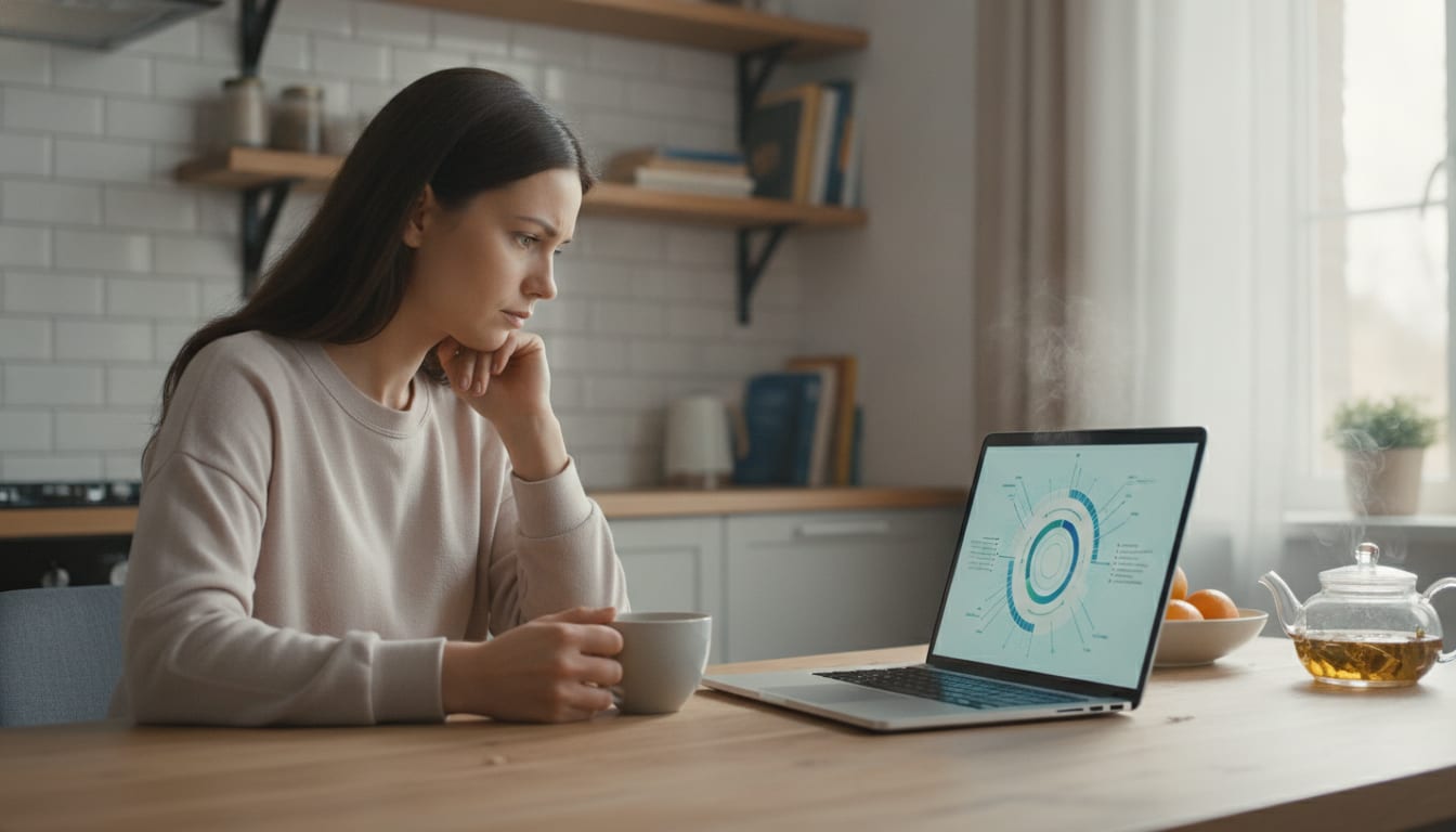 A person sitting at a kitchen table with a laptop and a cup of tea, quietly considering a decision about their health