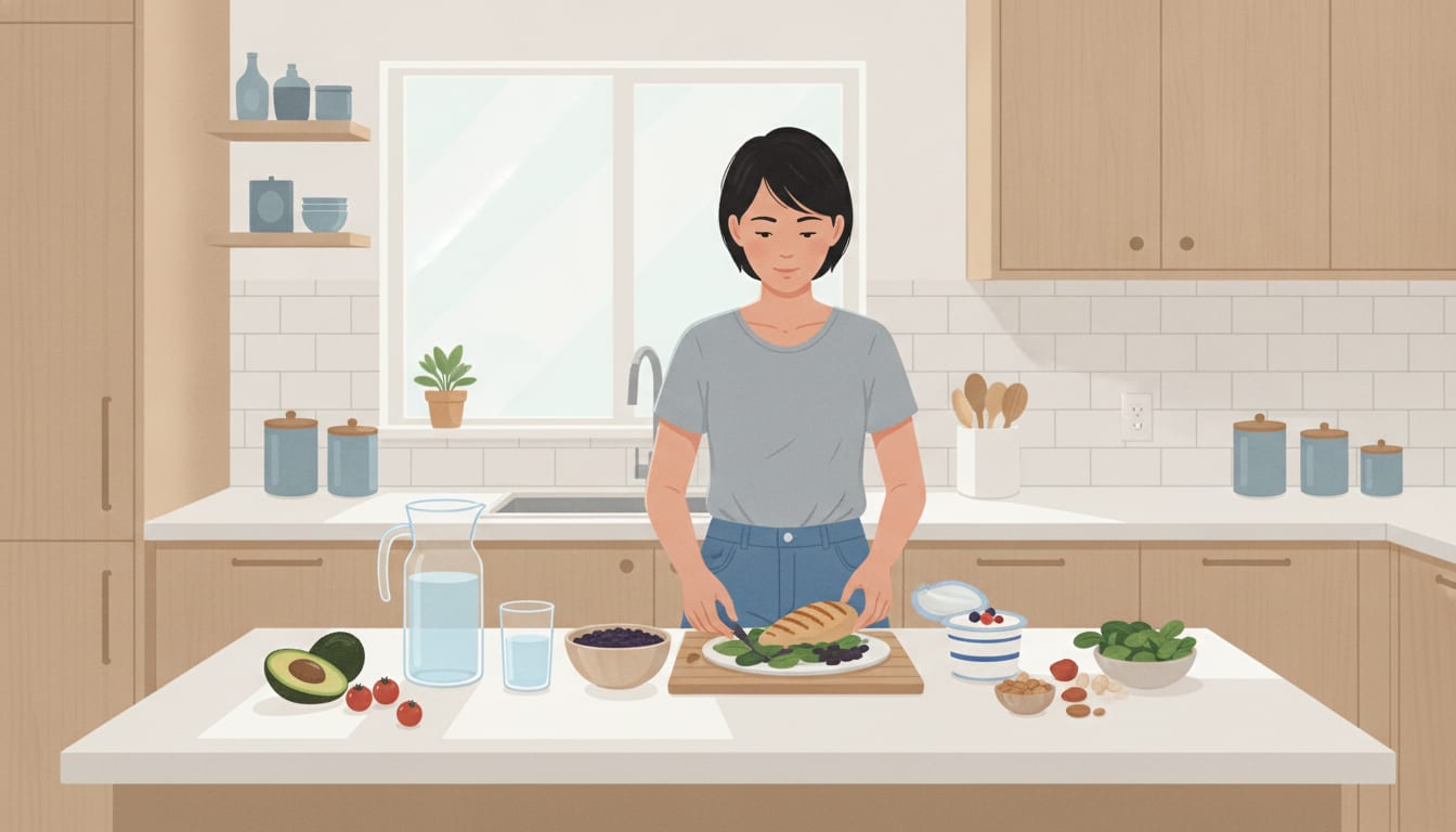 A person sipping water and preparing a light, protein-forward meal at a sunlit kitchen counter