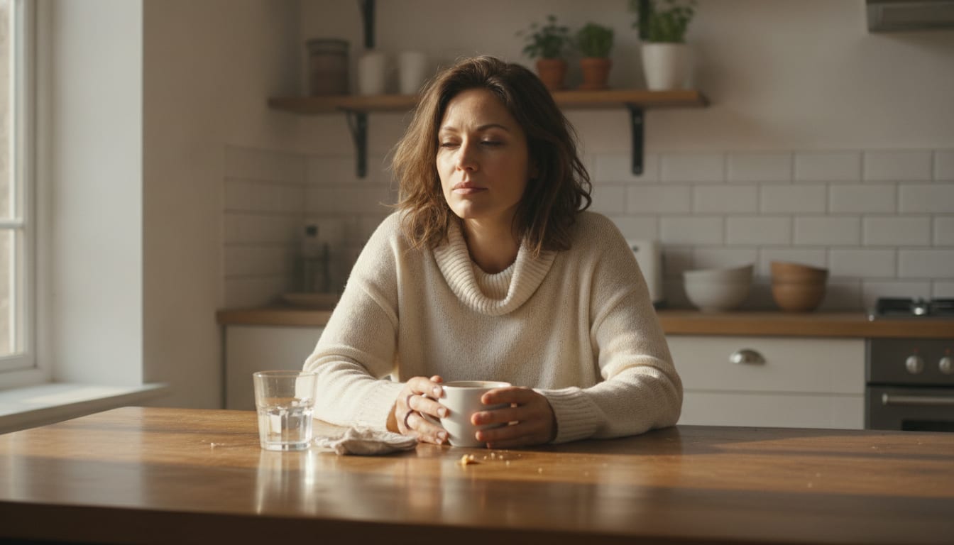 A person sitting at a kitchen table in morning light with coffee and a glass of water, looking tired but calm