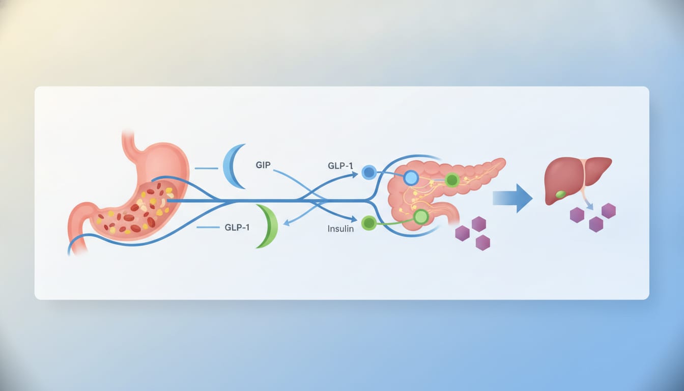 Illustration of the incretin pathway showing how gut hormones signal the pancreas to release insulin in response to food