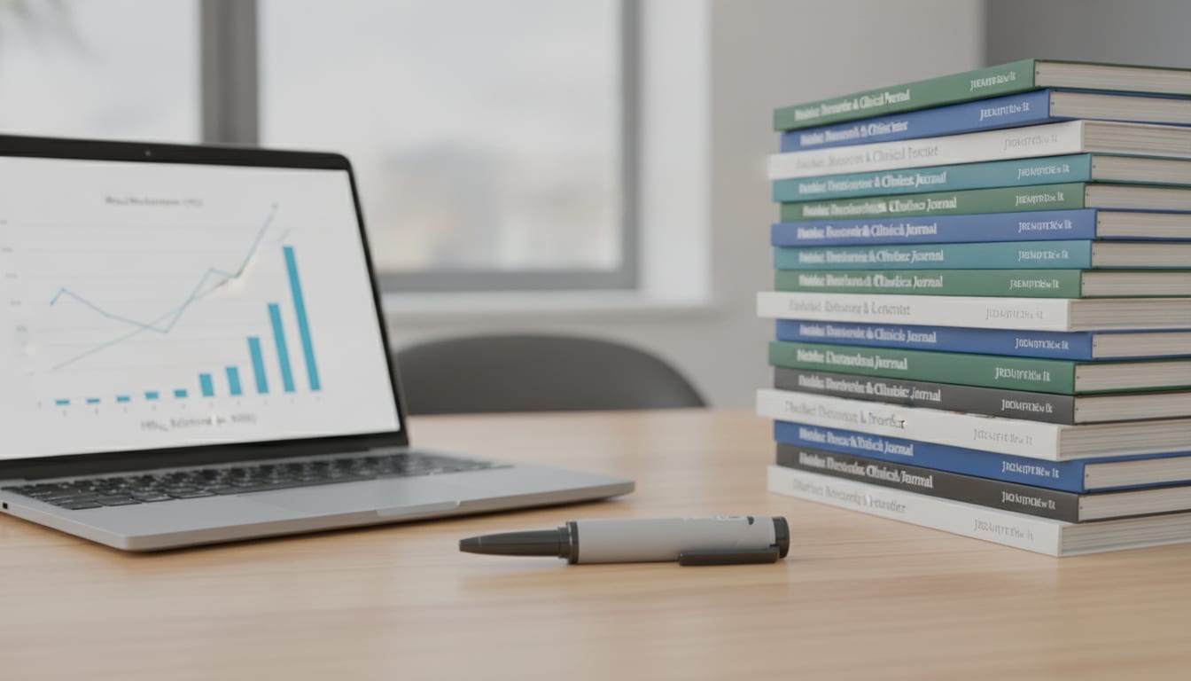 Illustration of a GLP-1 receptor agonist injection pen beside a stack of peer-reviewed clinical journals and a laptop displaying trial data