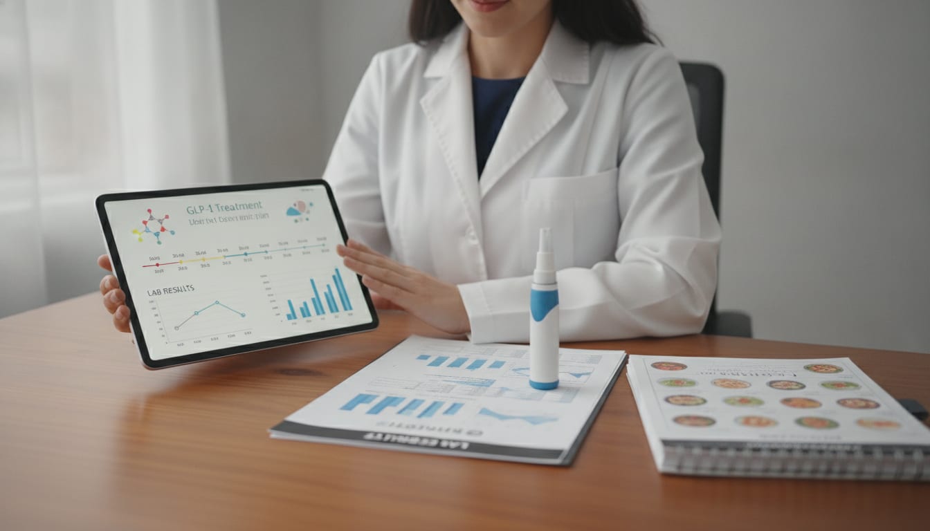 Illustration of a clinician reviewing a patient's GLP-1 treatment plan on a tablet alongside a dosing pen, lab results, and a food journal