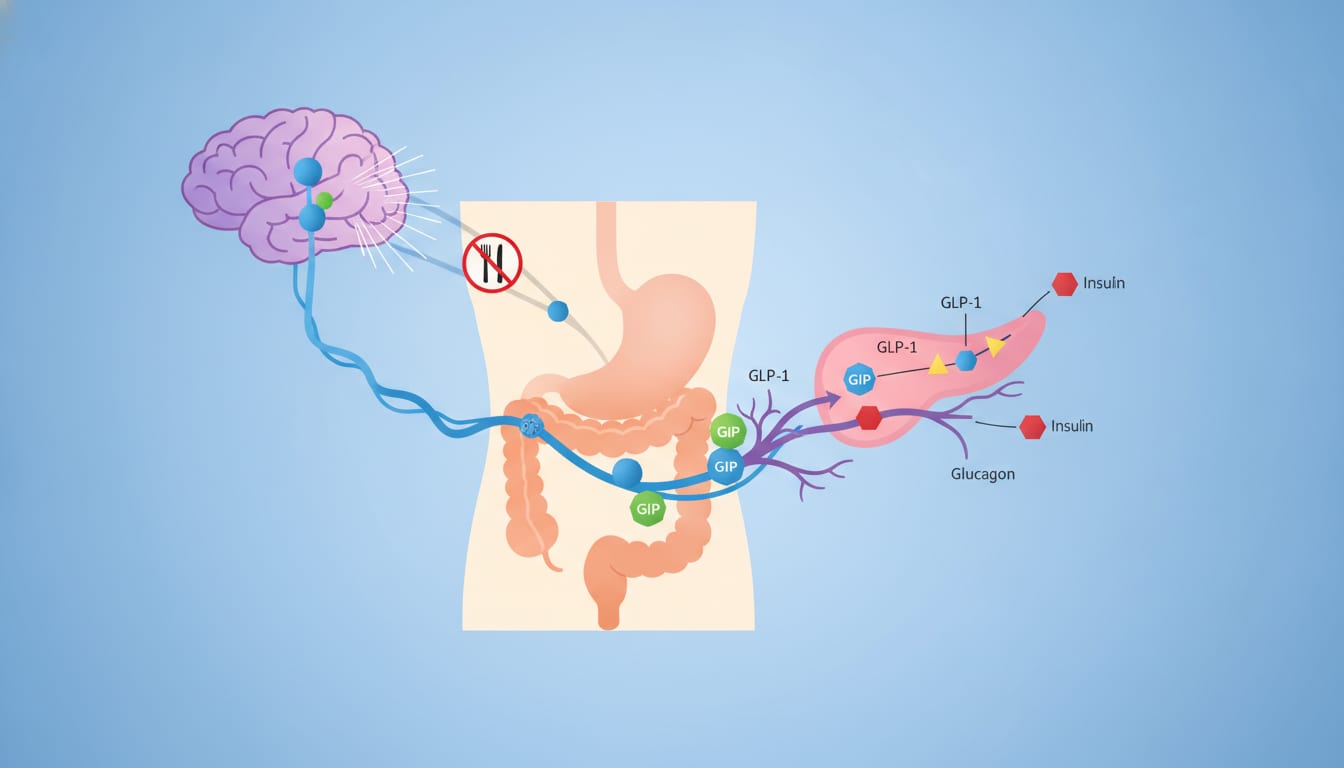 Illustration of insulin and GLP-1 signaling pathways between the gut, pancreas, liver, and brain