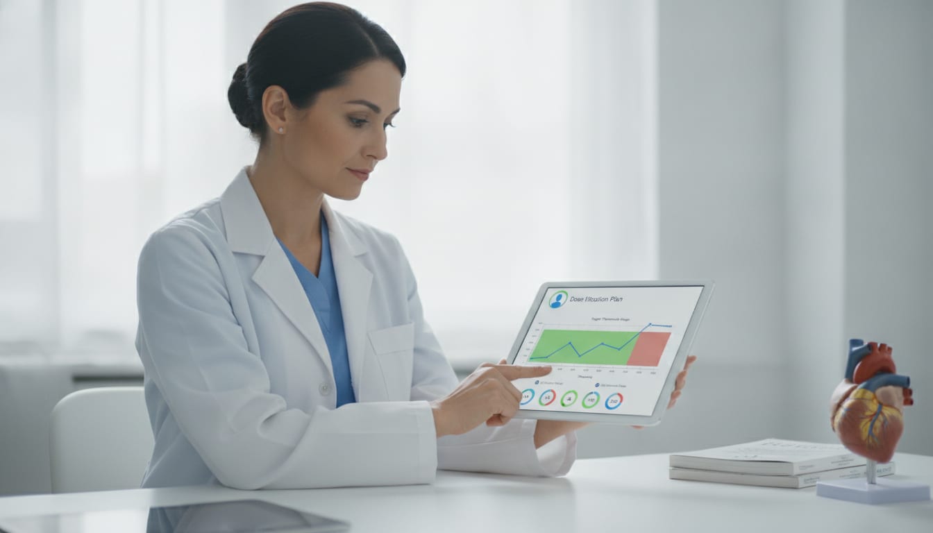 A clinician reviewing a patient's dose titration plan on a tablet