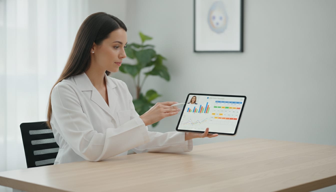 A clinician reviewing patient lab results and a dose titration schedule on a tablet during a telehealth check-in