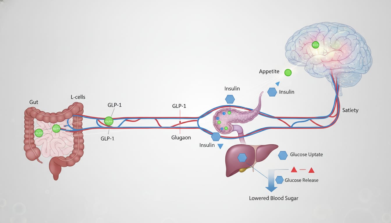 Illustration of the GLP-1 hormone pathway showing gut, pancreas, and brain signaling involved in appetite regulation and blood sugar control