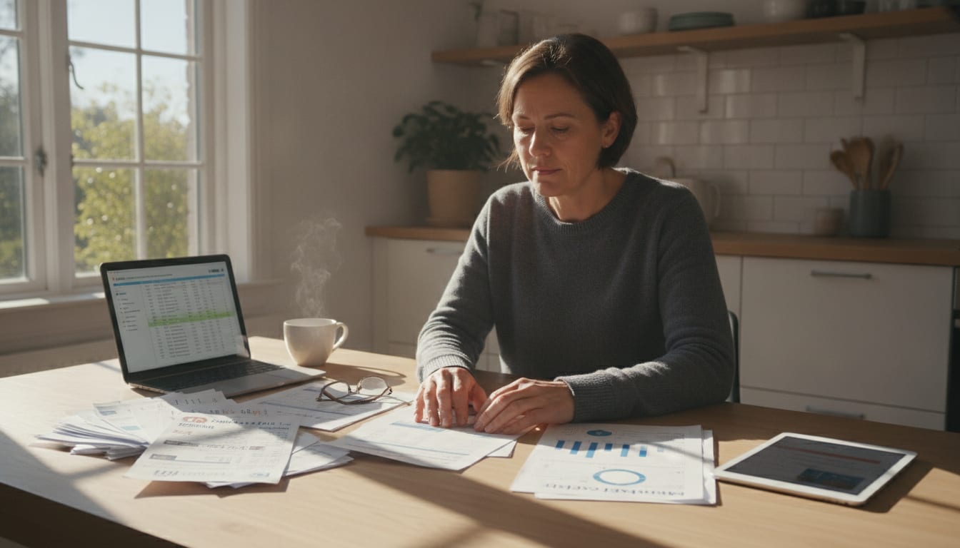 A person reviewing medical bills and lab results at a kitchen table, sunlight through a window