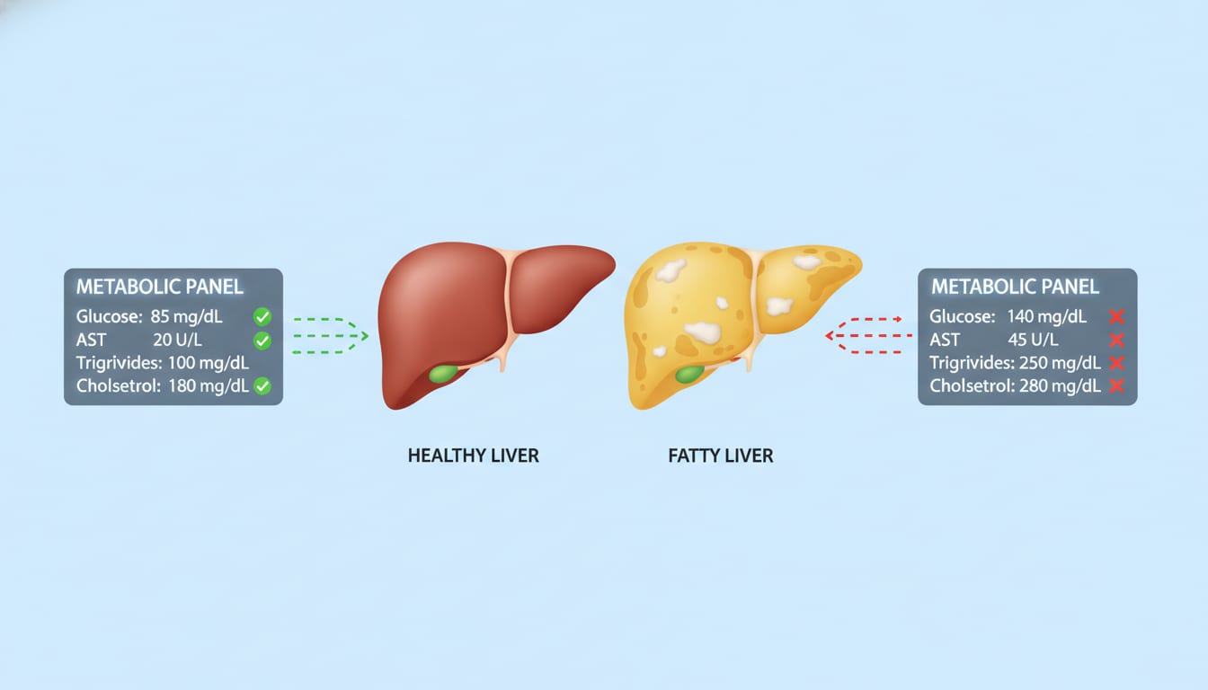 Illustration comparing a healthy liver with a liver showing fat accumulation, alongside a metabolic panel readout