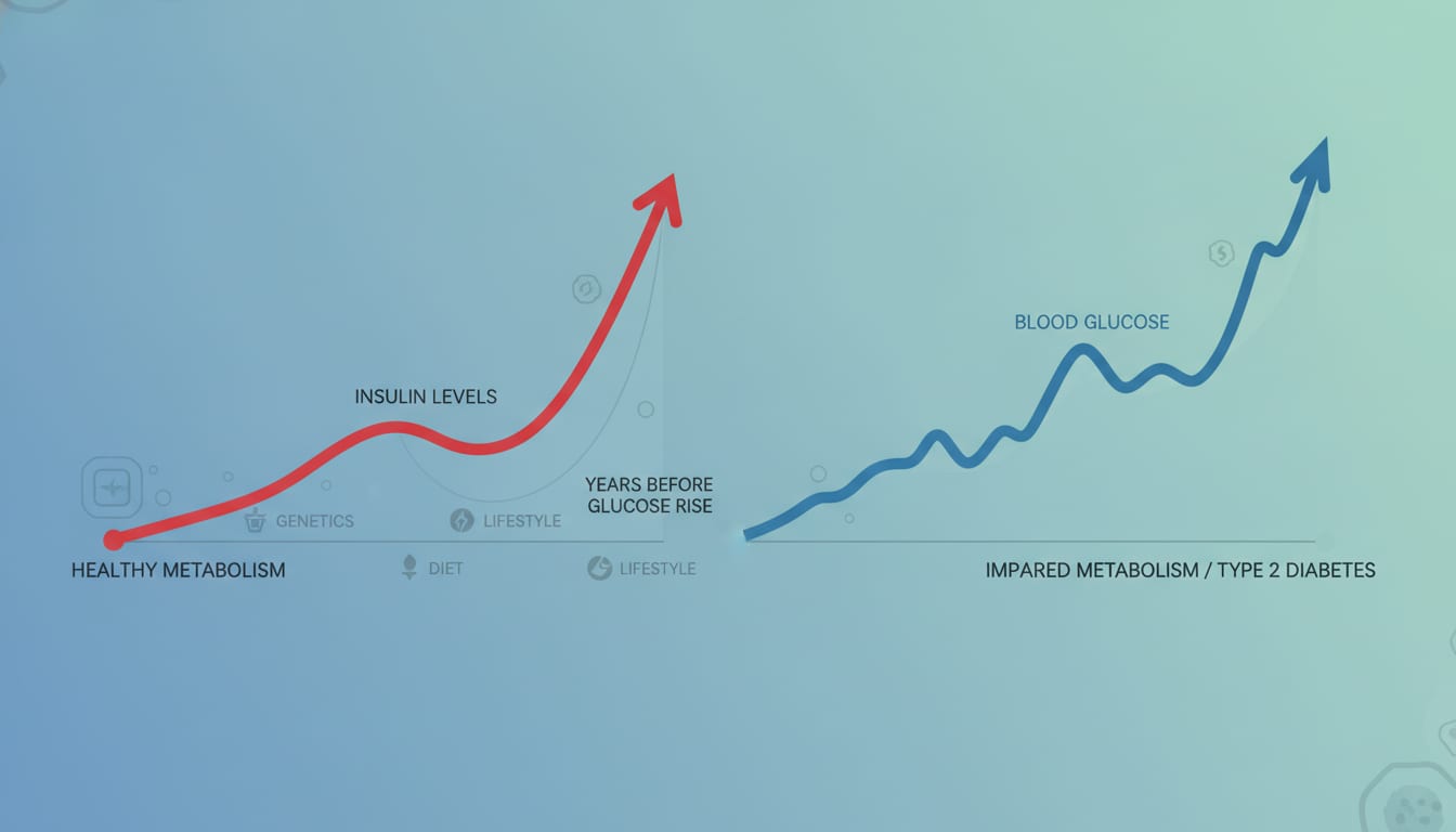 Illustration of a metabolic timeline showing insulin levels rising years before blood glucose begins to climb