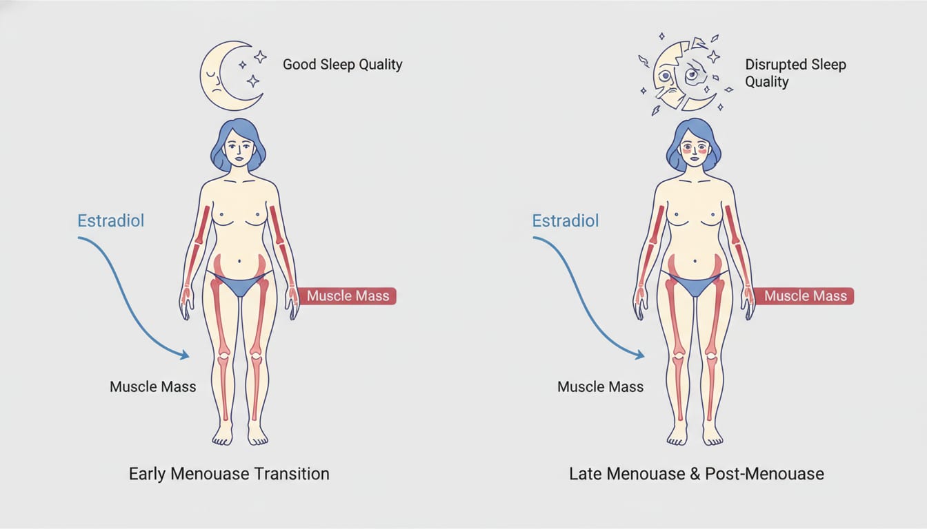 Illustration of hormonal and body composition changes during the menopause transition, showing shifts in estradiol, fat distribution, muscle mass, and sleep quality