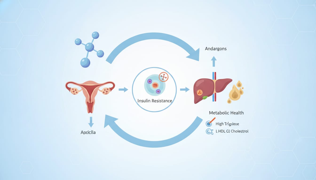 Illustration of the insulin resistance and androgen feedback loop in polycystic ovary syndrome, showing connections to metabolic health markers