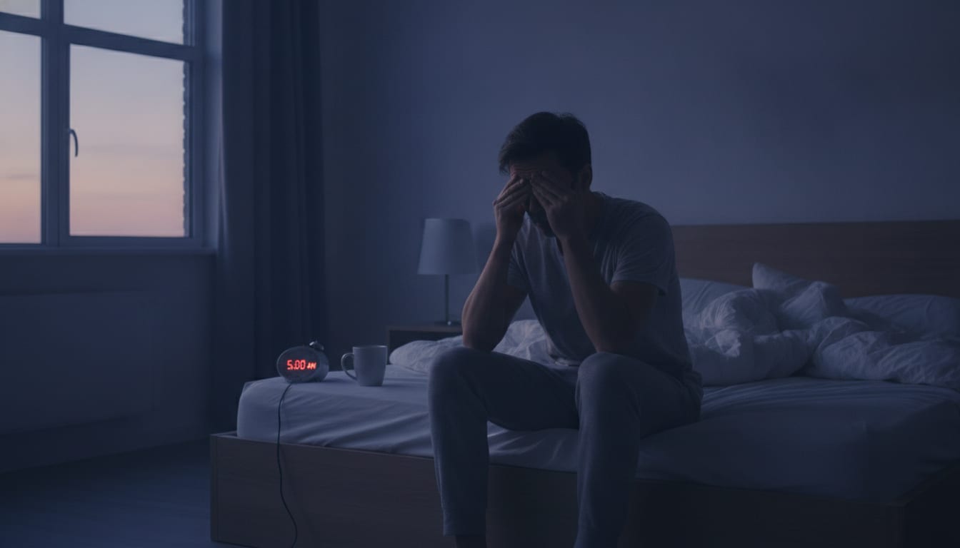 Person sitting on the edge of a bed at dawn, rubbing their eyes, illustrating persistent morning fatigue
