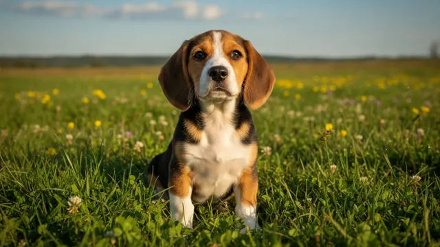 Beagle mix puppy sitting in grass, gazing up at the camera