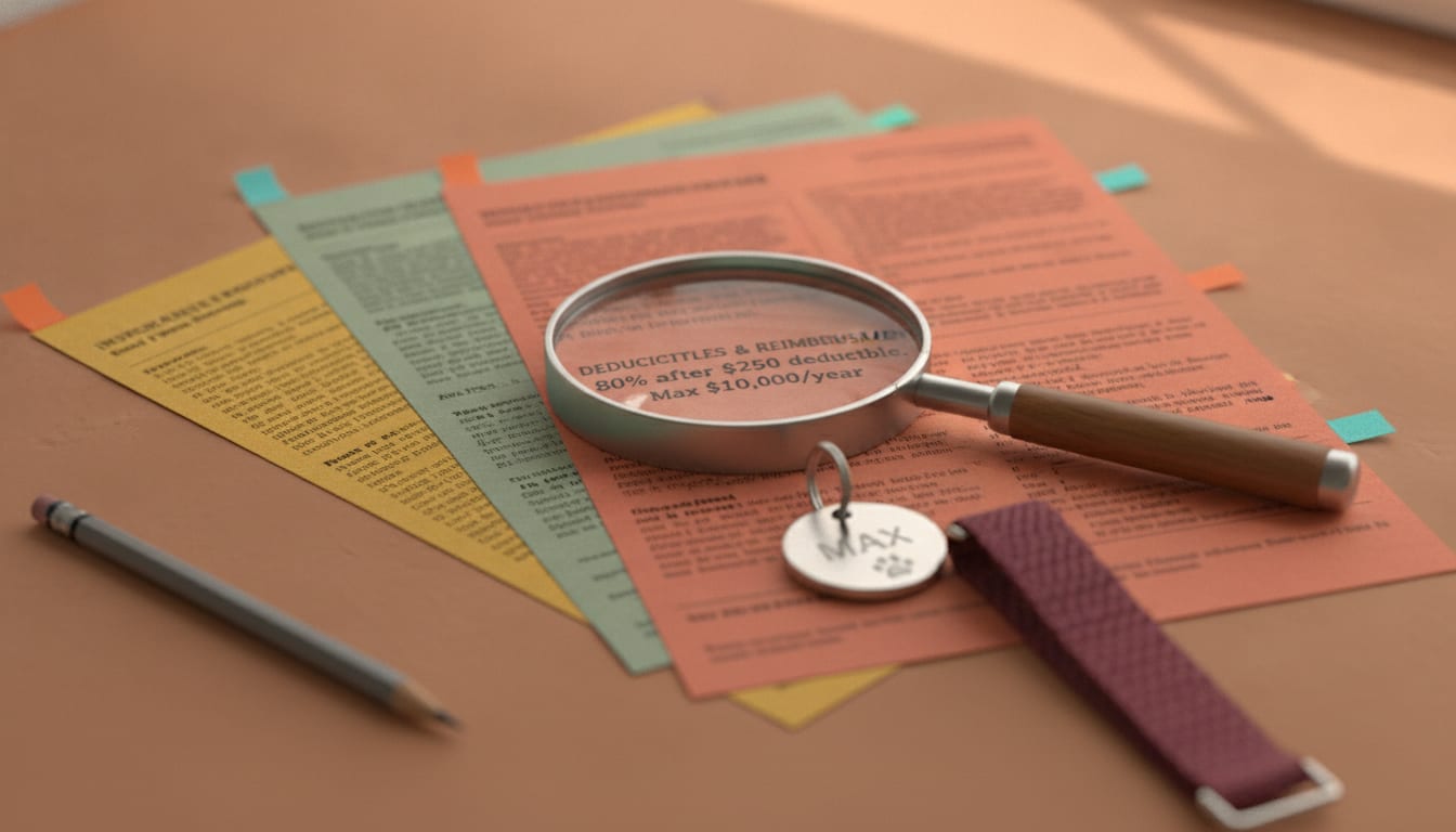 Magnifying lens over three colorful overlapping policy sheets beside a pet ID tag on a plum collar strap