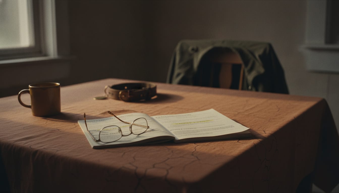 Two annotated pet insurance booklets, reading glasses and a pet collar on a farmhouse table in warm dusk light