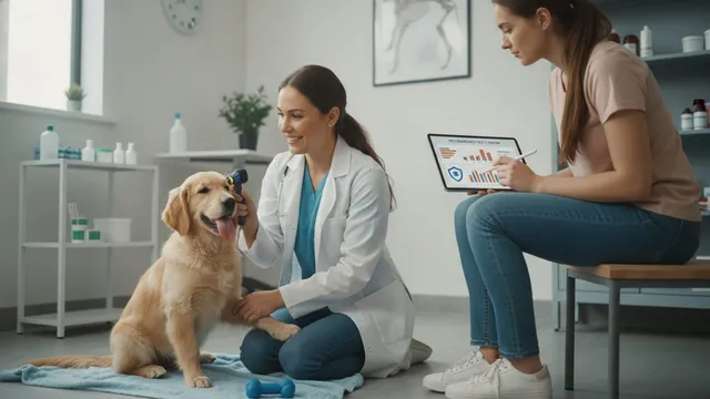 Veterinarian examines a golden retriever puppy as the owner reviews insurance paperwork on a tablet nearby.