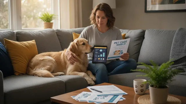 Person reading an insurance policy document while sitting on a couch with a dog resting beside them