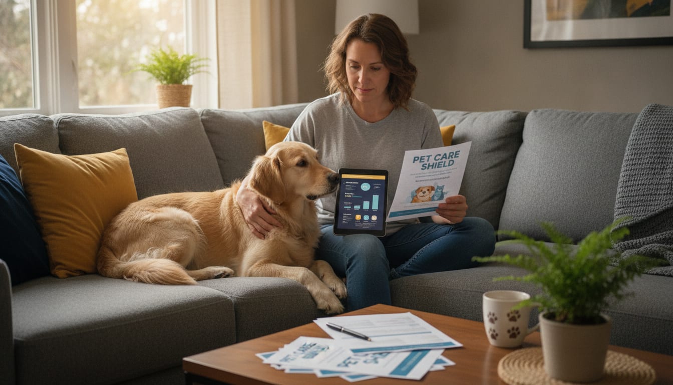 Person reading an insurance policy document while sitting on a couch with a dog resting beside them