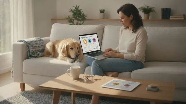 Person browsing pet insurance options on a laptop at a desk while a dog sits beside them.