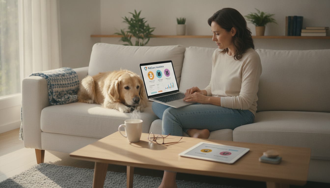 Person browsing pet insurance options on a laptop at a desk while a dog sits beside them.