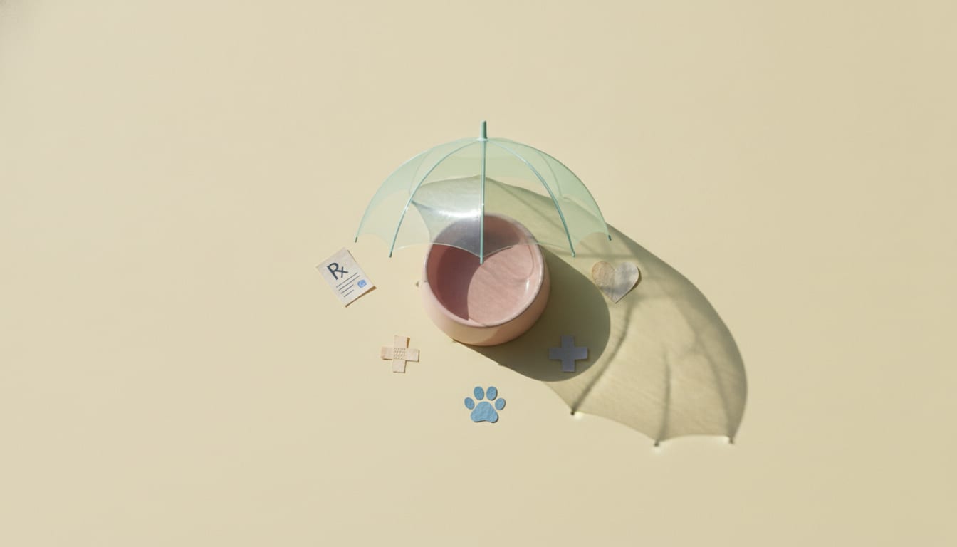 Blush ceramic dog bowl under a mint umbrella dome, surrounded by paper-cut prescription, bandage, heart, and paw icons.