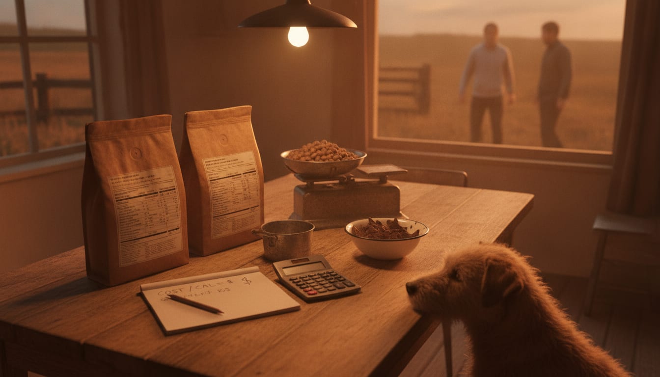 Farmhouse table at dusk with two kibble bags, kitchen scale, treats and calculator as a tan terrier watches.