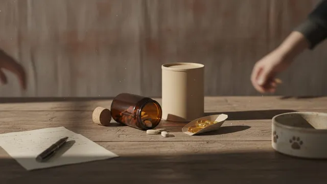Amber supplement jar, spilled tablets, fish oil capsules and a dog bowl on weathered oak in warm side light